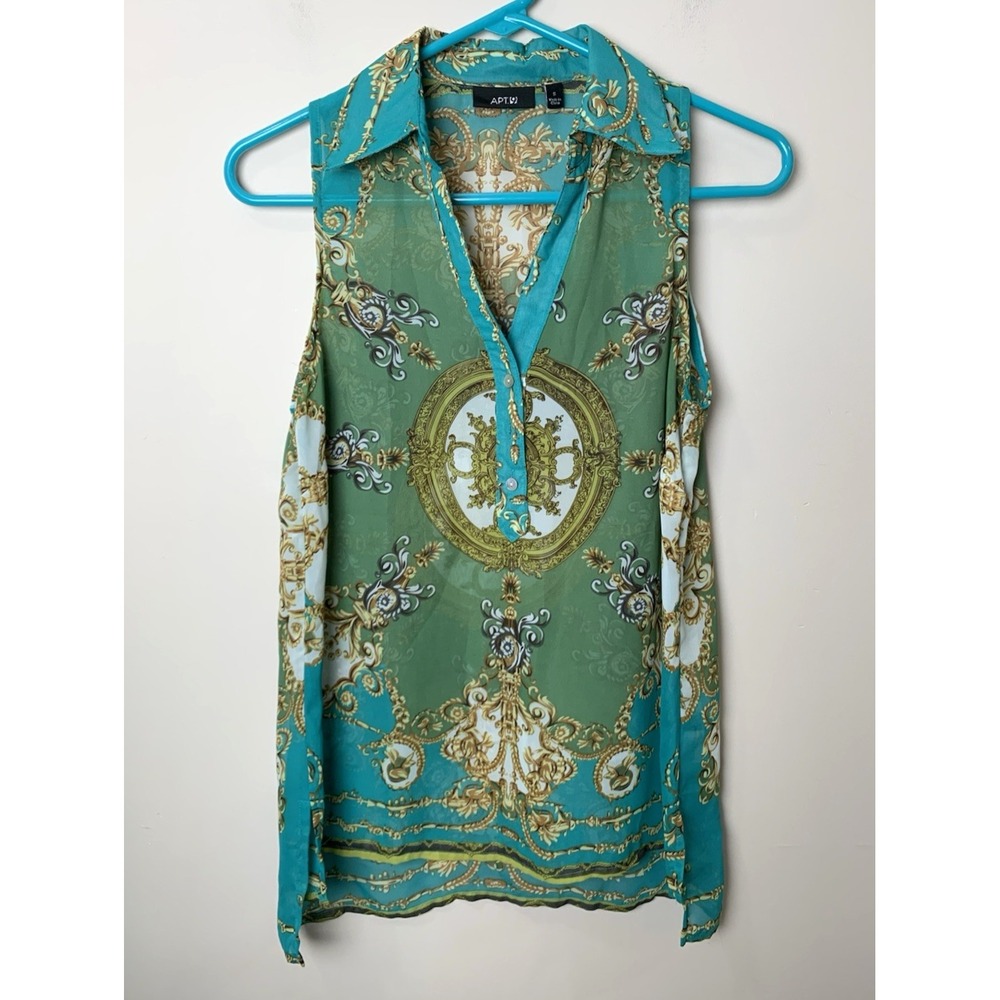 Apt 9 Sleeveless Blouse Womens Small Green Gold Sheer Tunic‎ Scarf Print
